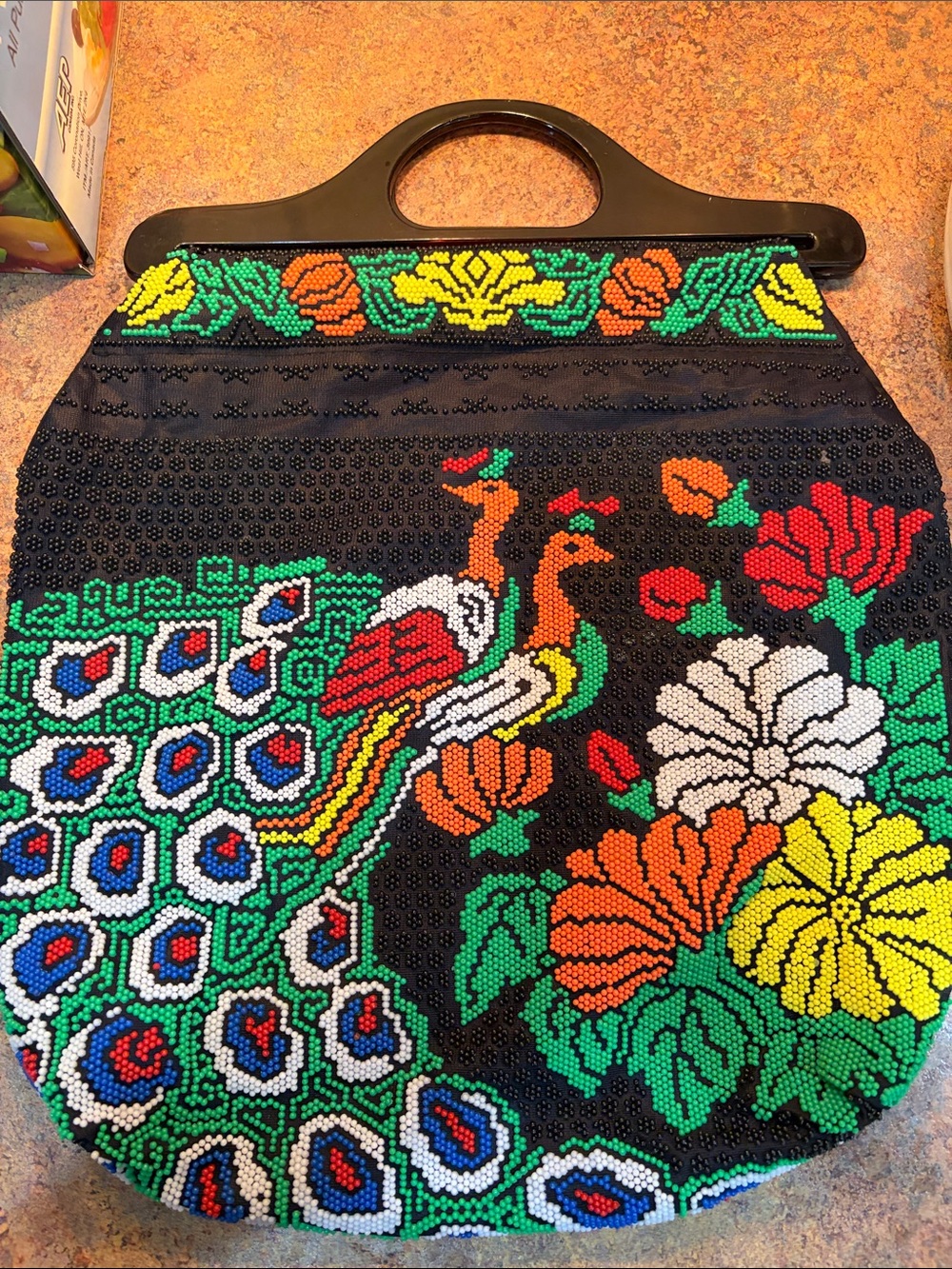 Vintage Hand-Beaded Peacock Floral Tote Bag in Black